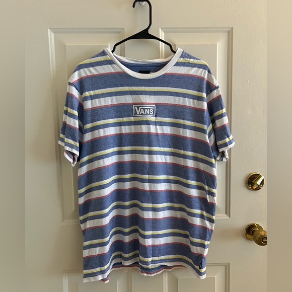 Vans Logo Striped T-shirt Ringer Blue Yellow White Red Men’s Size Large - Picture 1 of 5